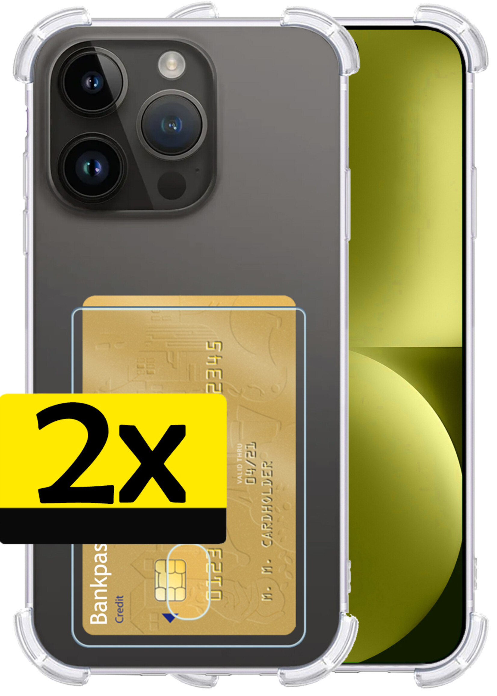 LUQ Hoesje Geschikt voor iPhone 15 Pro Hoesje Case Pashouder Cover Siliconen - Hoes Geschikt voor iPhone 15 Pro Hoesje Met Kaarthouder - Transparant - 2 Stuks