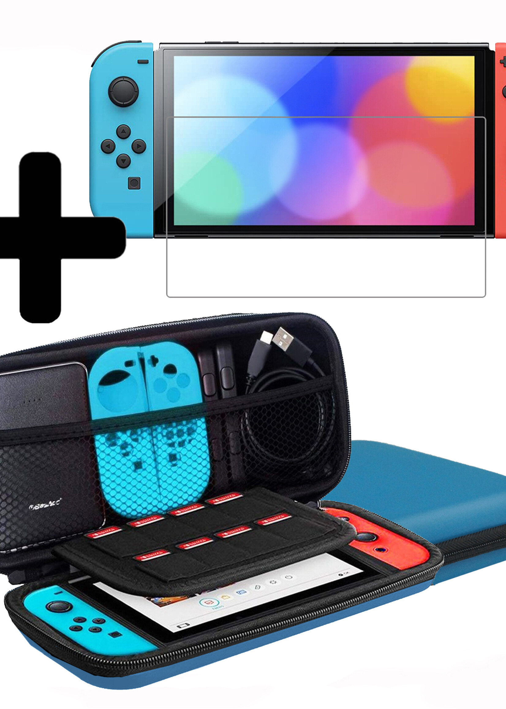 LUQ Hoes Geschikt voor Nintendo Switch Case Hoesje Polsbandje Met Screenprotector - Bescherm Hoes Geschikt voor Nintendo Switch Hoes Hard Cover - Blauw