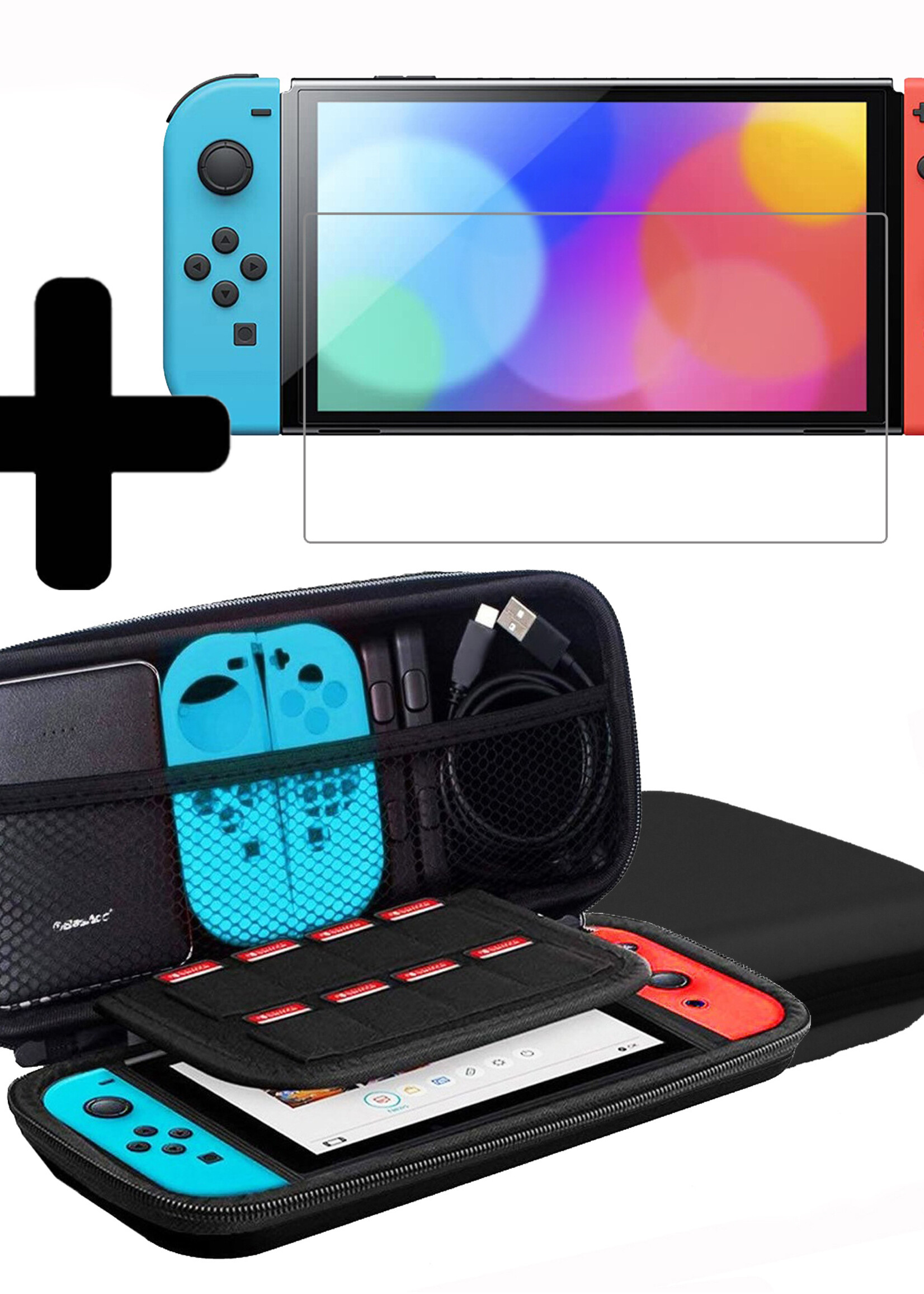 LUQ Hoes Geschikt voor Nintendo Switch Case Hoesje Polsbandje Met Screenprotector - Bescherm Hoes Geschikt voor Nintendo Switch Hoes Hard Cover - Zwart