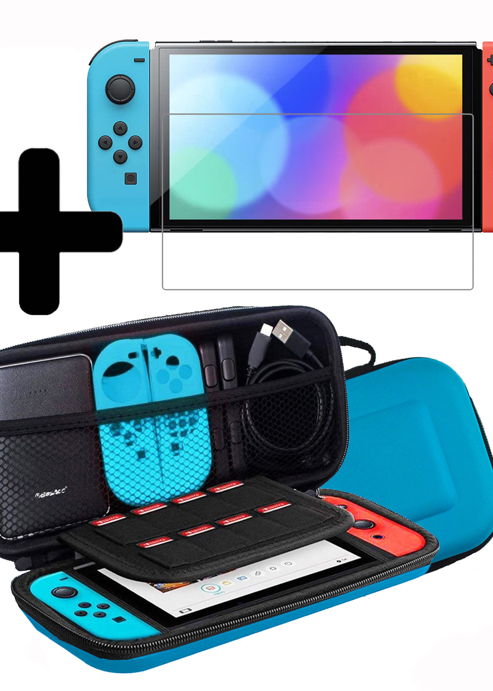 LUQ Hoes Geschikt voor Nintendo Switch Case Hoesje Met Screenprotector - Bescherm Hoes Geschikt voor Nintendo Switch Hoes Hard Cover - Blauw