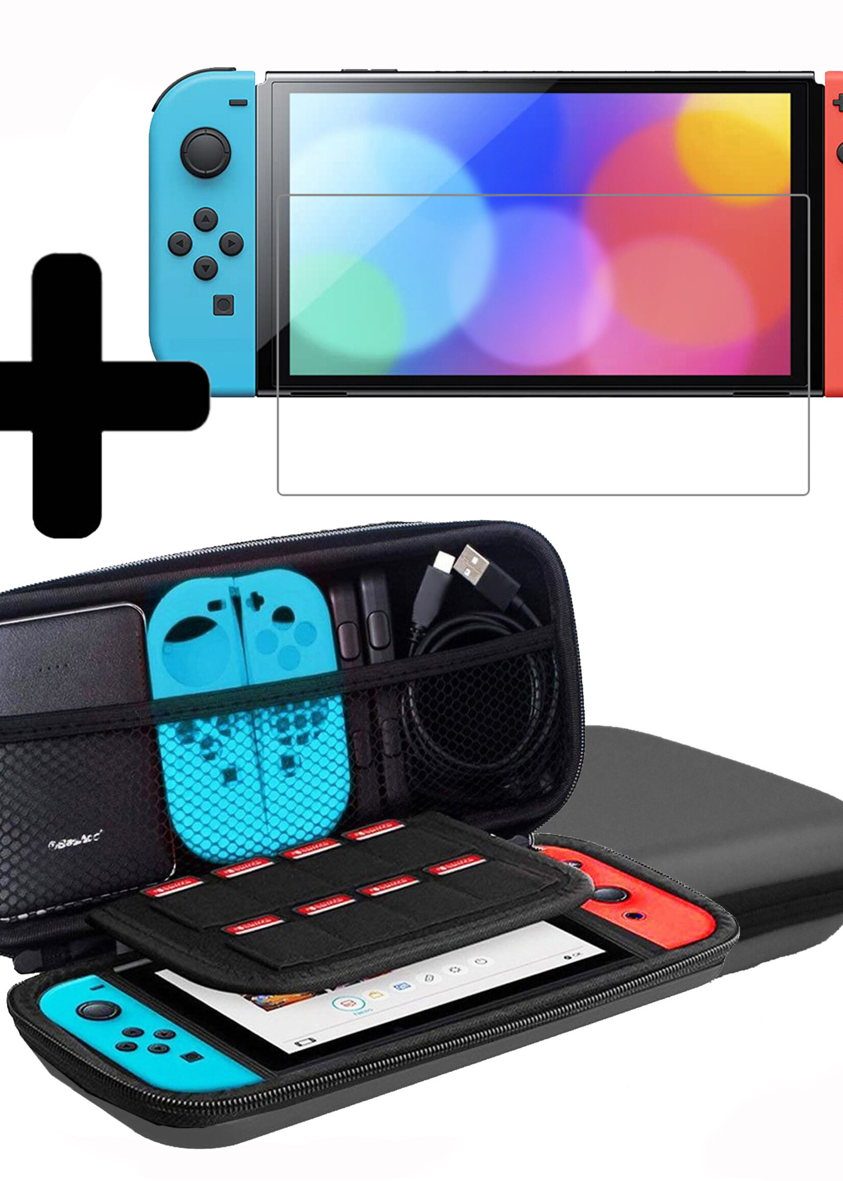 LUQ Hoes Geschikt voor Nintendo Switch OLED Case Hoesje Polsbandje Met Screenprotector - Bescherm Hoes Geschikt voor Nintendo Switch OLED Hoes Hard Cover - Grijs