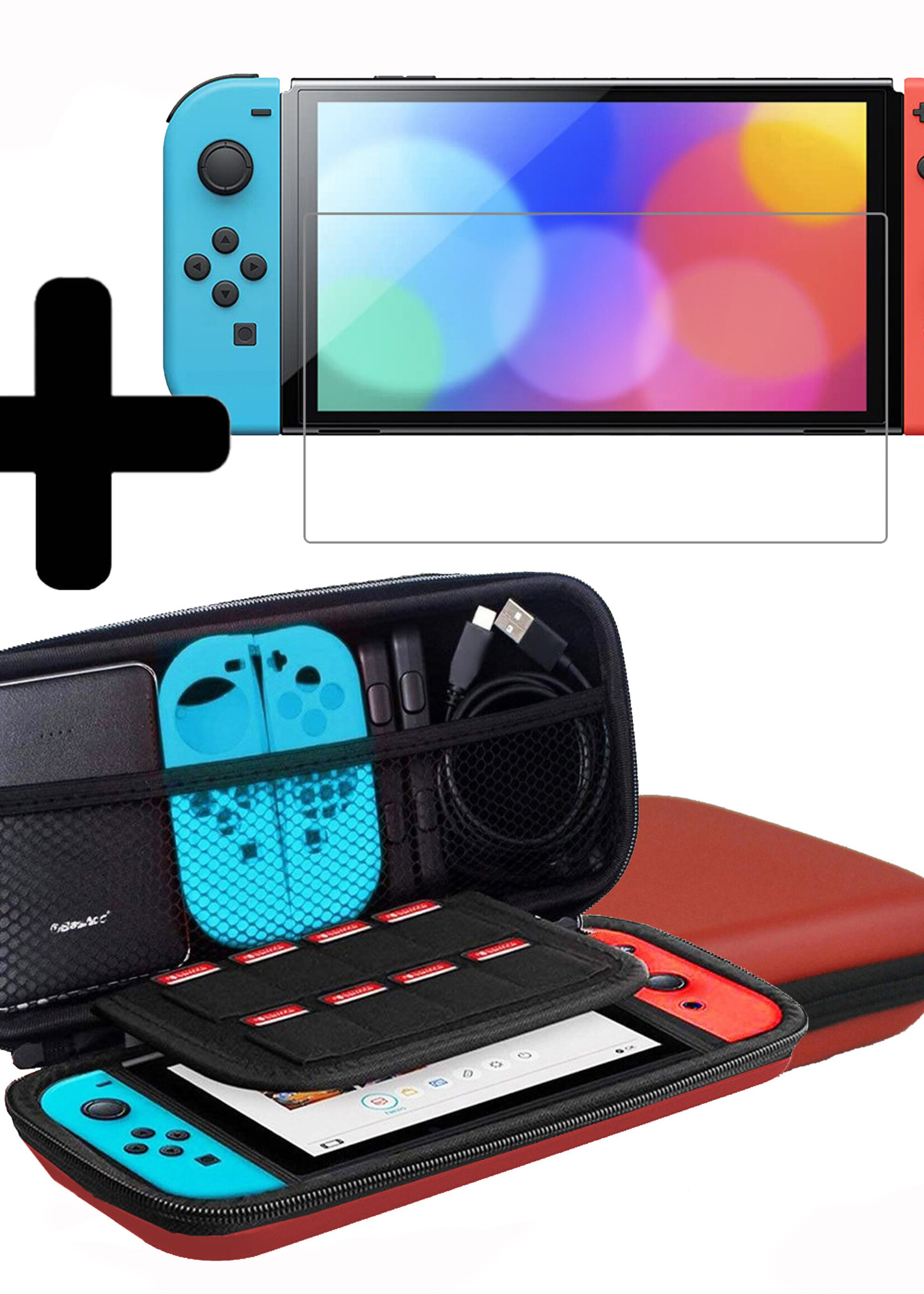 LUQ Hoes Geschikt voor Nintendo Switch OLED Case Hoesje Polsbandje Met Screenprotector - Bescherm Hoes Geschikt voor Nintendo Switch OLED Hoes Hard Cover - Rood