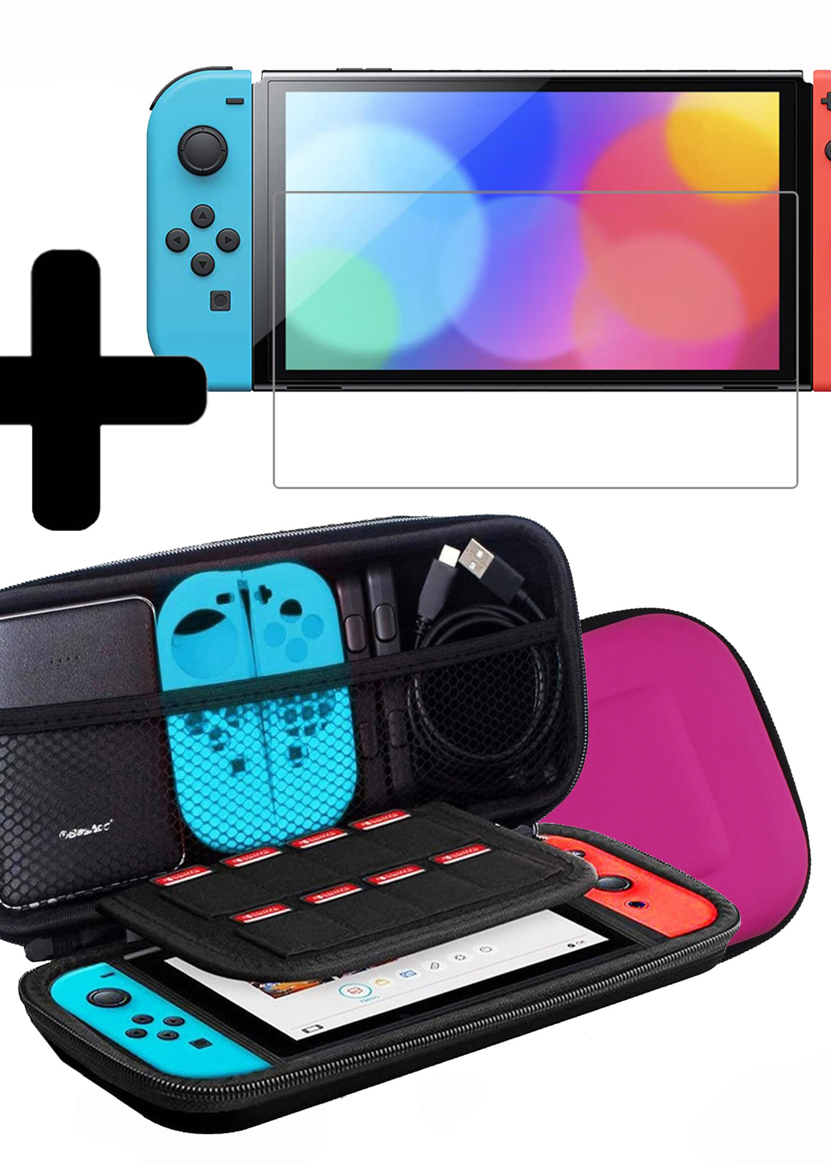 LUQ Hoes Geschikt voor Nintendo Switch OLED Case Hoesje Met Screenprotector - Bescherm Hoes Geschikt voor Nintendo Switch OLED Hoes Hard Cover - Roze