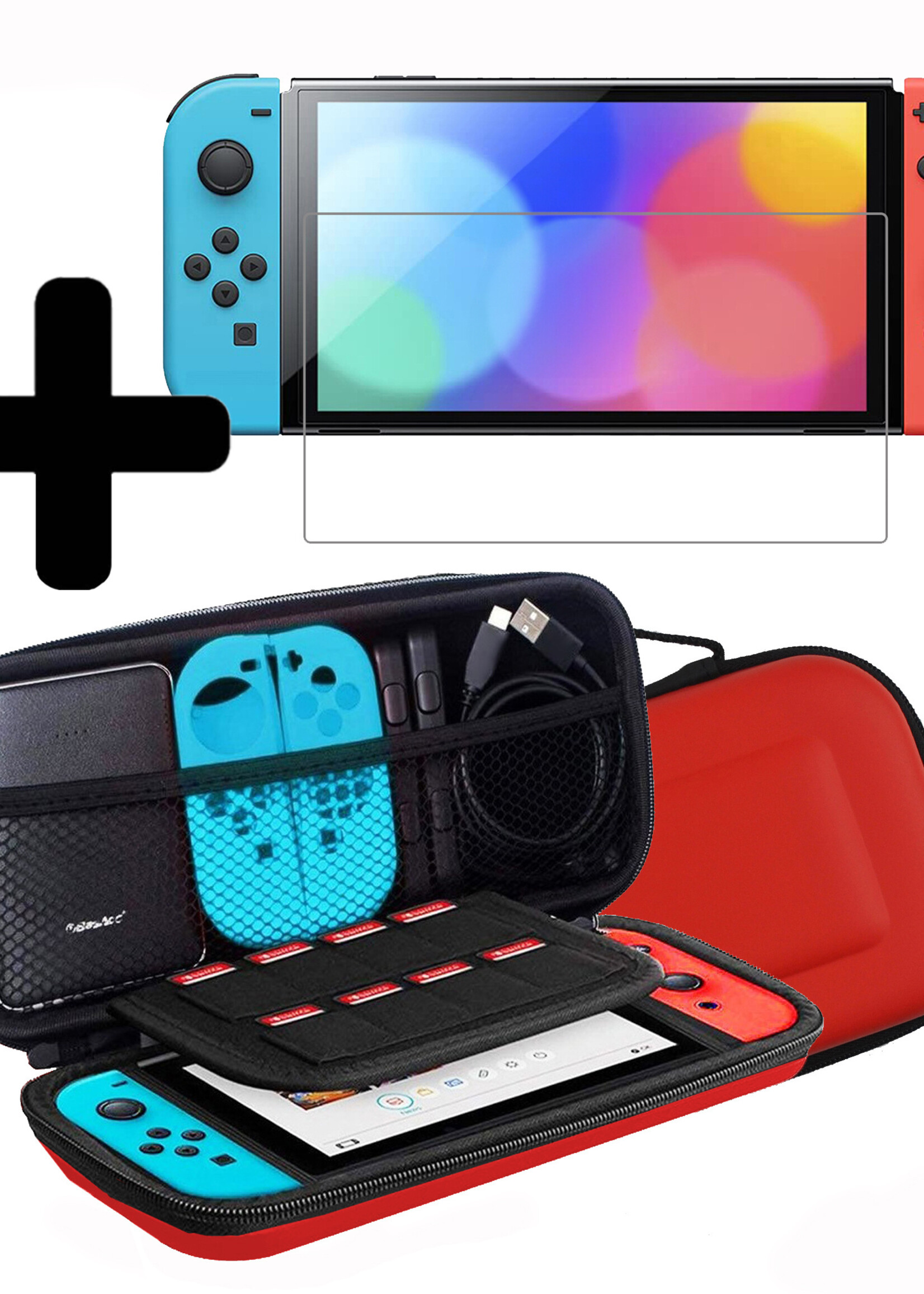 LUQ Hoes Geschikt voor Nintendo Switch OLED Case Hoesje Met Screenprotector - Bescherm Hoes Geschikt voor Nintendo Switch OLED Hoes Hard Cover - Rood