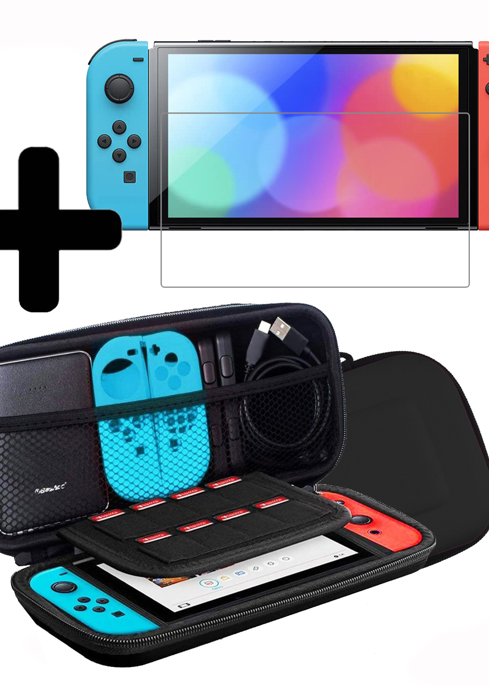 LUQ Hoes Geschikt voor Nintendo Switch OLED Case Hoesje Met Screenprotector - Bescherm Hoes Geschikt voor Nintendo Switch OLED Hoes Hard Cover - Zwart