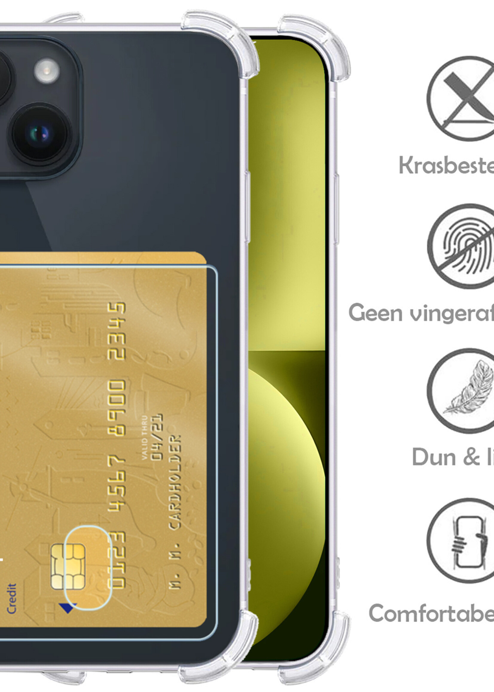 LUQ Hoesje Geschikt voor iPhone 15 Hoesje Case Pashouder Cover Siliconen Met Screenprotector - Hoes Geschikt voor iPhone 15 Hoesje Met Kaarthouder- Transparant