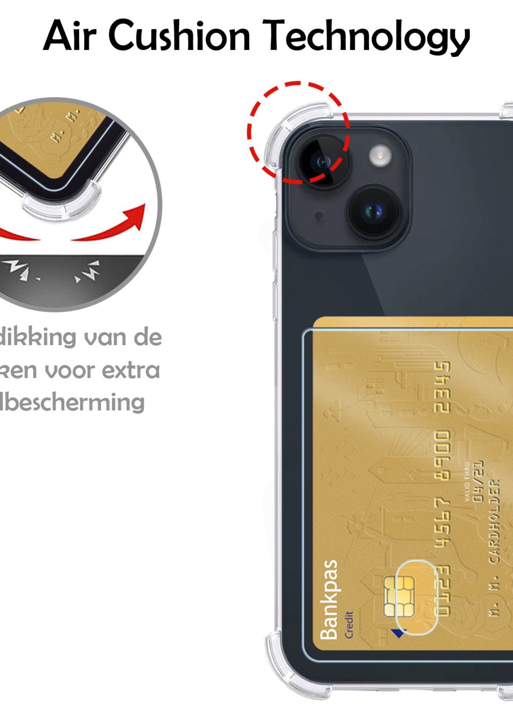 LUQ Hoesje Geschikt voor iPhone 15 Plus Hoesje Case Pashouder Cover Siliconen Met 2x Screenprotector - Hoes Geschikt voor iPhone 15 Plus Hoesje Met Kaarthouder- Transparant