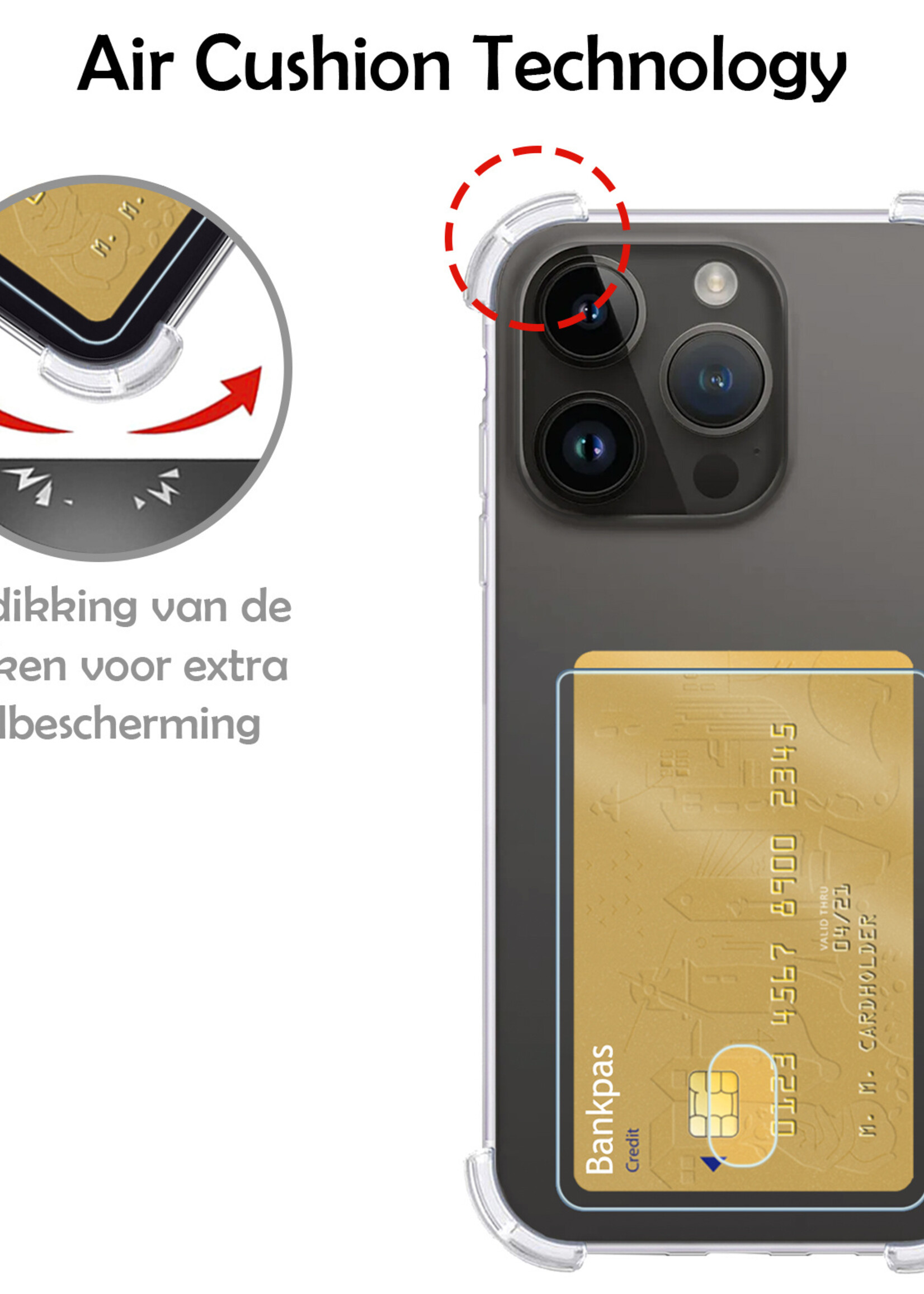 LUQ Hoesje Geschikt voor iPhone 15 Pro Hoesje Case Pashouder Cover Siliconen Met Screenprotector - Hoes Geschikt voor iPhone 15 Pro Hoesje Met Kaarthouder- Transparant