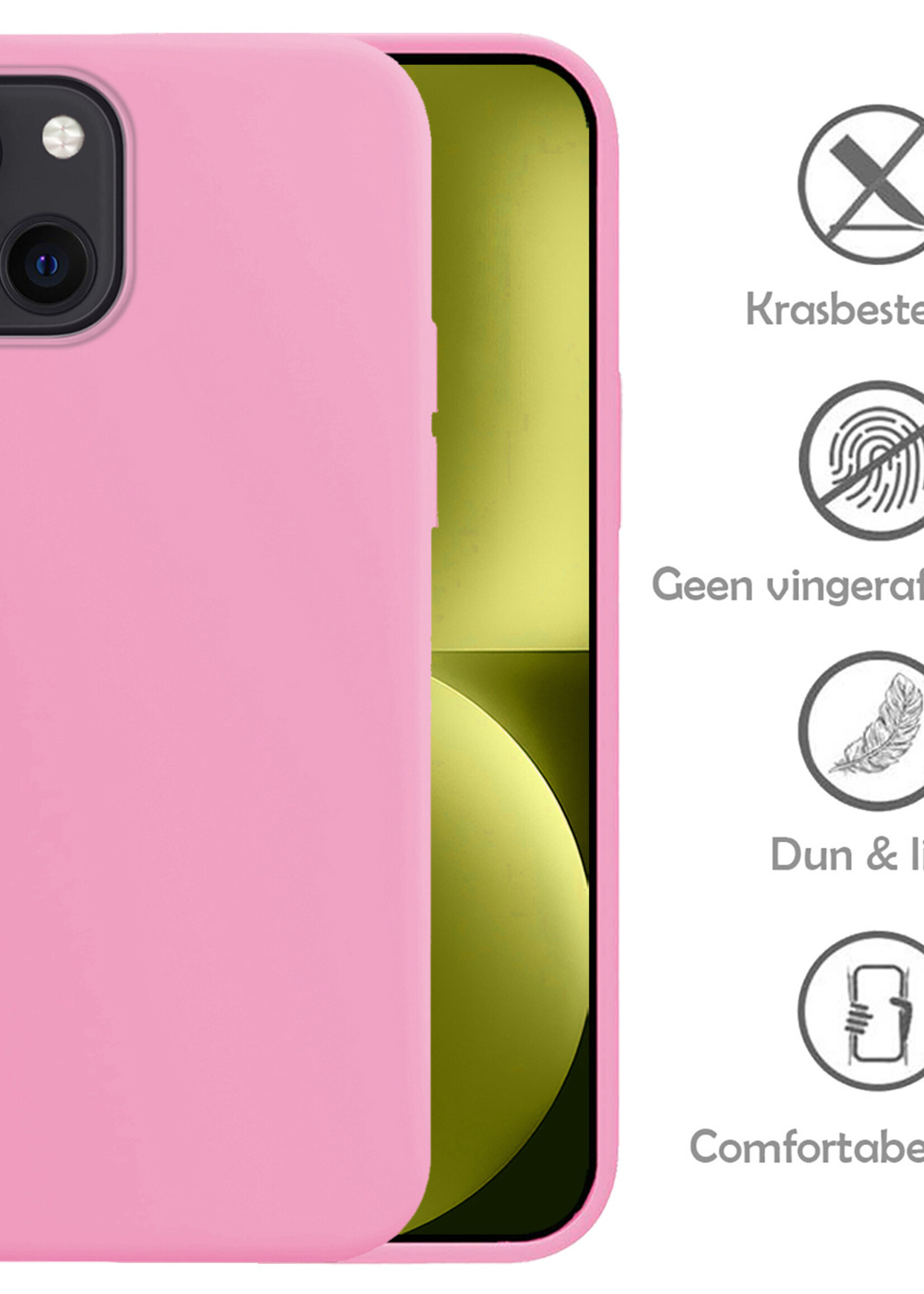LUQ Hoesje Geschikt voor iPhone 15 Hoesje Siliconen Case Met 2x Screenprotector - Hoes Geschikt voor iPhone 15 Hoes Siliconen - Lichtroze