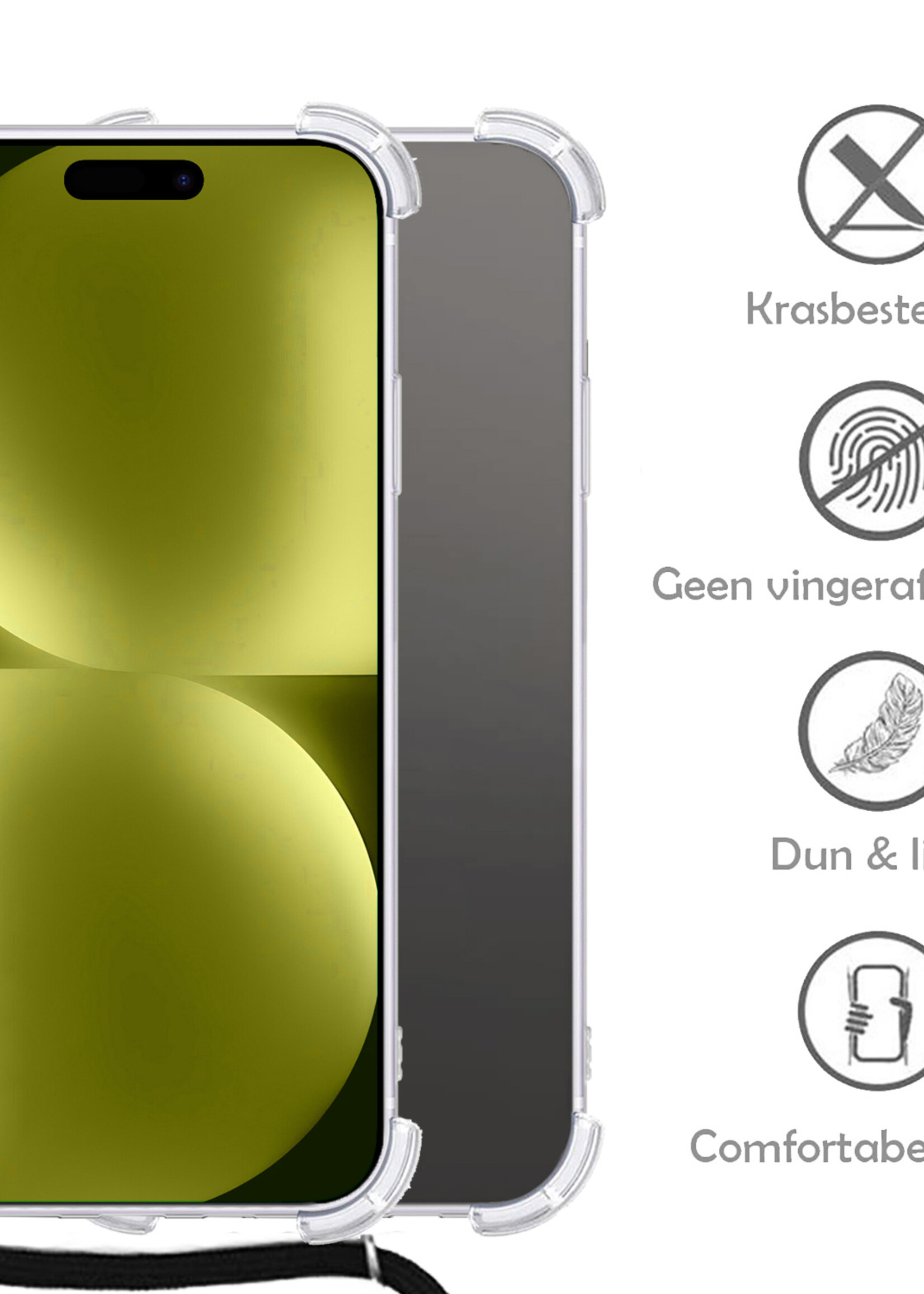 LUQ Hoesje Geschikt voor iPhone 15 Pro Max Hoesje Shockproof Case Siliconen Hoes Met Koord - Transparant
