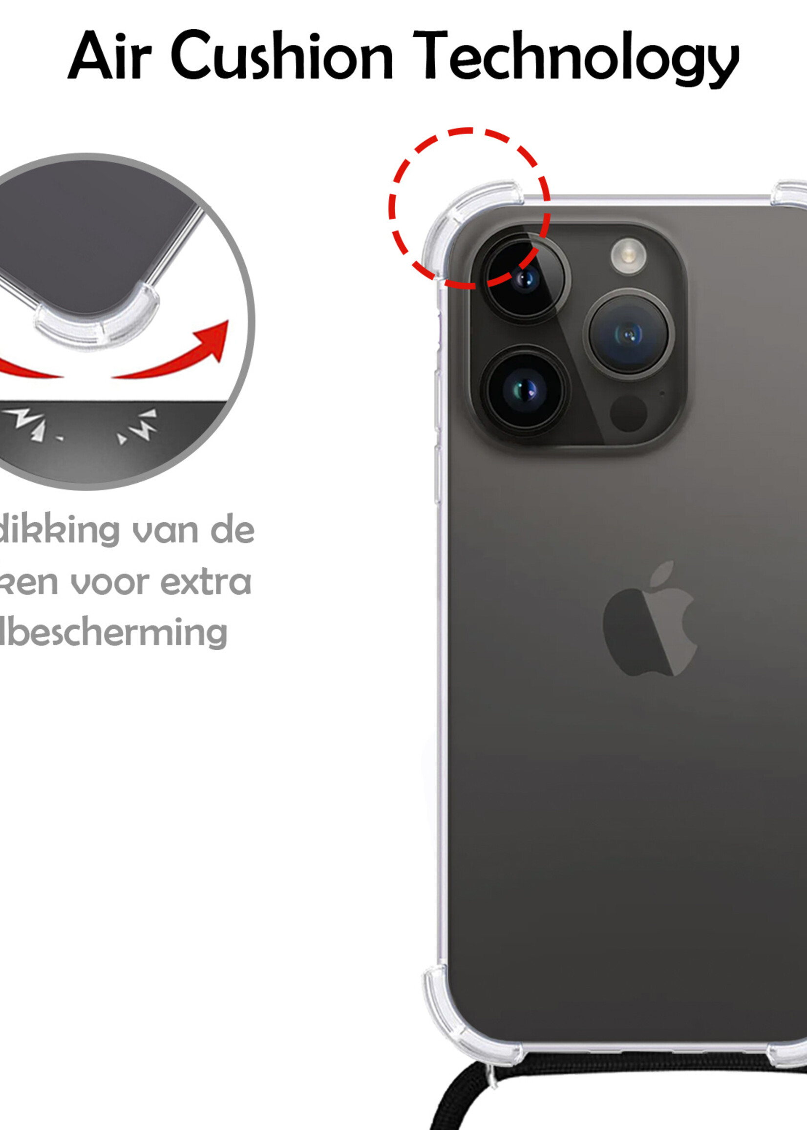 LUQ Hoesje Geschikt voor iPhone 15 Pro Max Hoesje Shockproof Case Siliconen Hoes Met Koord - Transparant