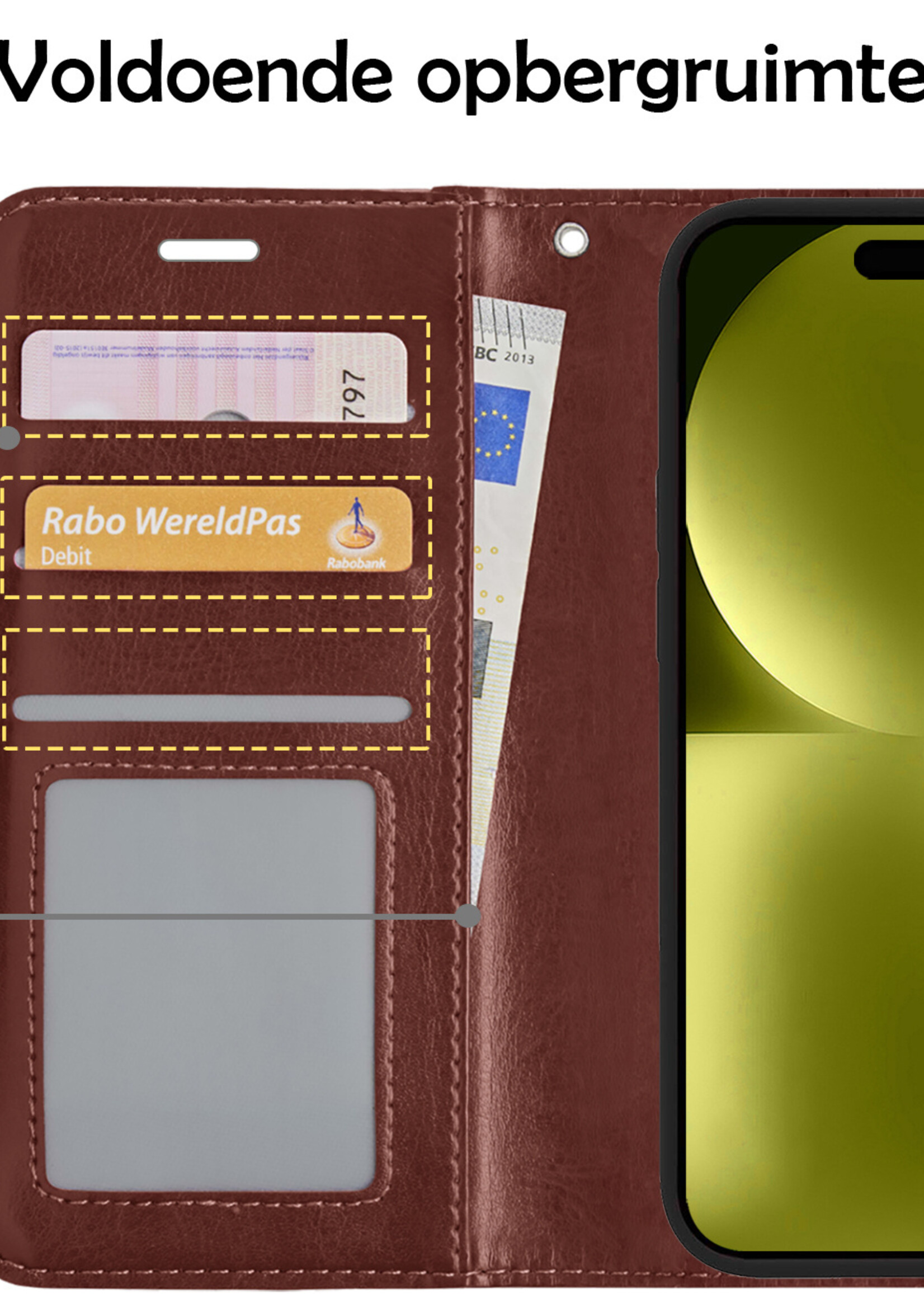LUQ Hoesje Geschikt voor iPhone 15 Hoesje Book Case Hoes Wallet Cover Met Screenprotector - Hoes Geschikt voor iPhone 15 Hoesje Bookcase Hoes - Bruin