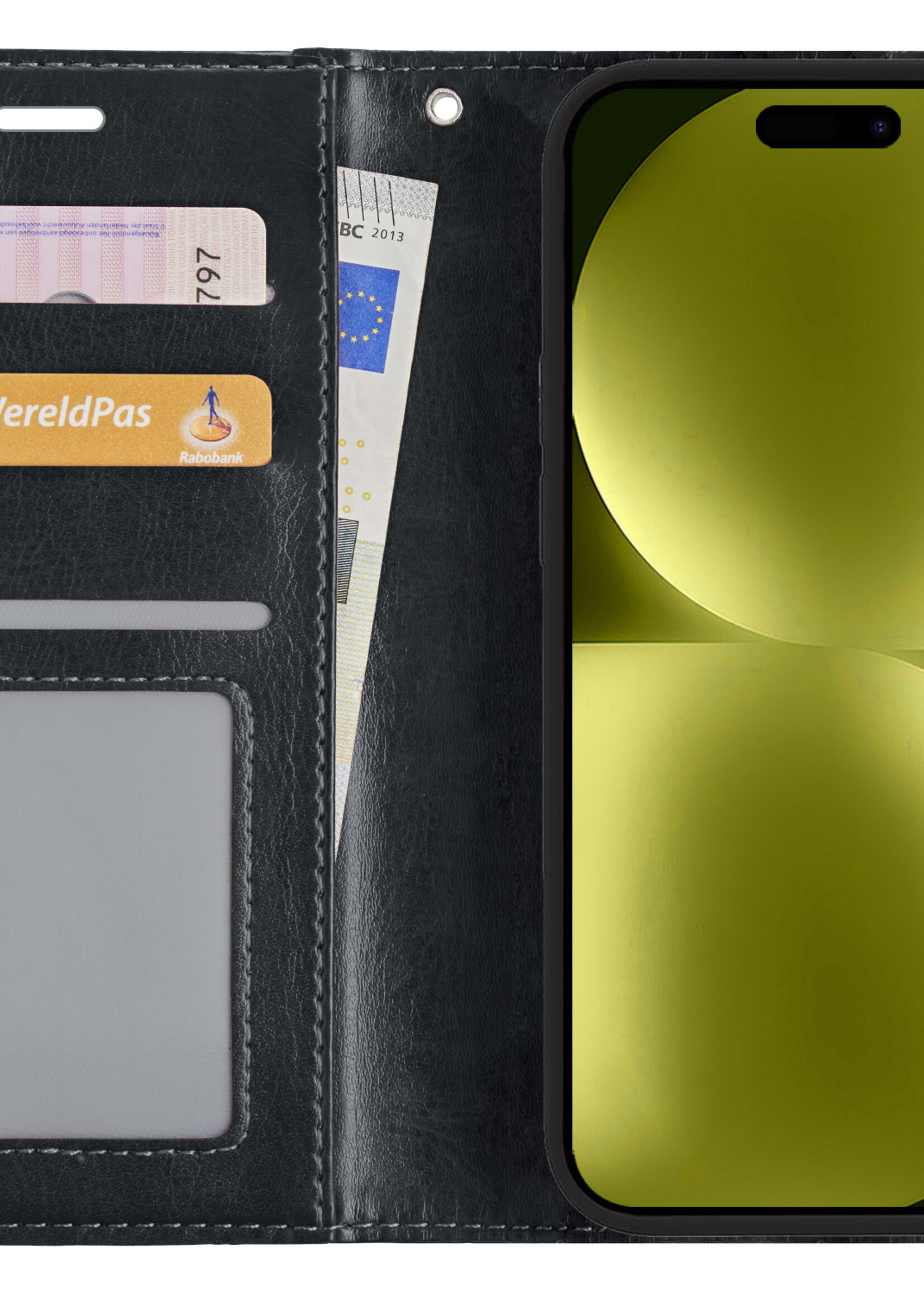 LUQ Hoesje Geschikt voor iPhone 15 Hoesje Book Case Hoes Wallet Cover Met Screenprotector - Hoes Geschikt voor iPhone 15 Hoesje Bookcase Hoes - Zwart