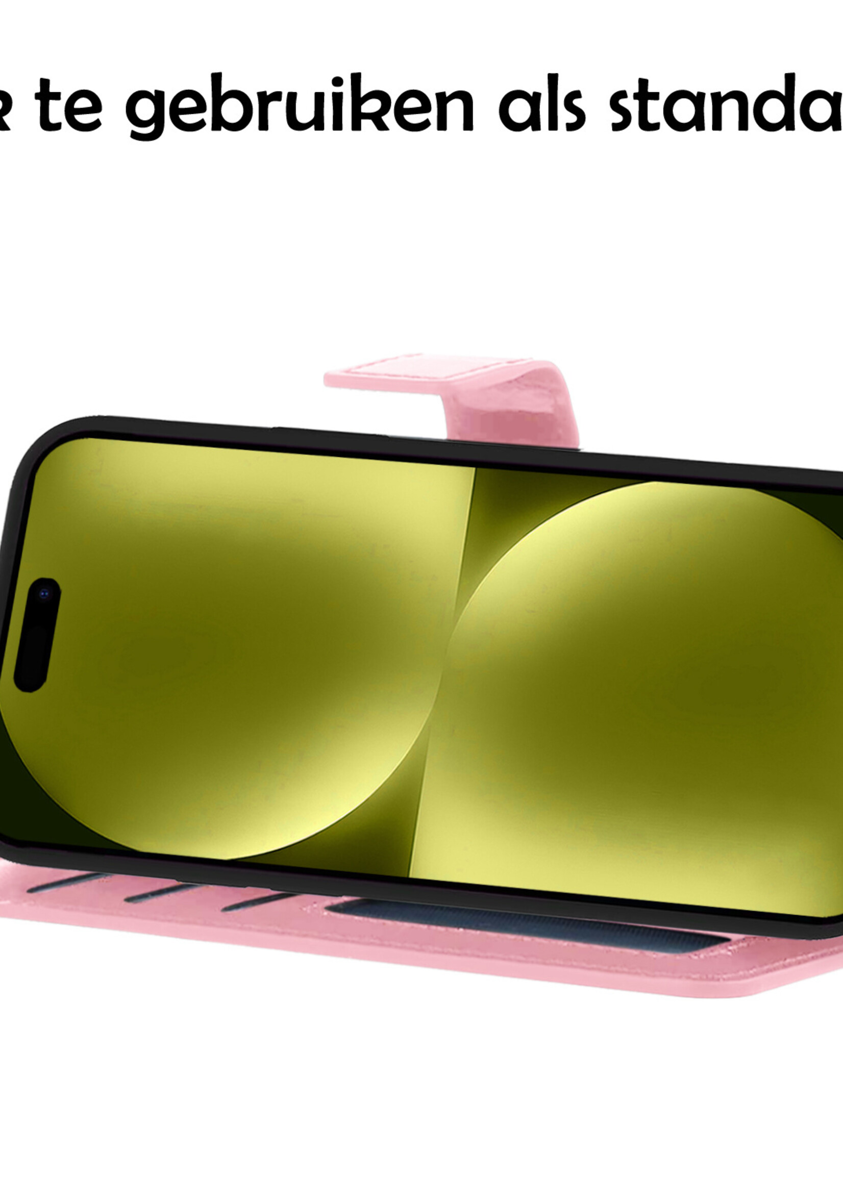 LUQ Hoesje Geschikt voor iPhone 15 Hoesje Book Case Hoes Wallet Cover Met 2x Screenprotector - Hoes Geschikt voor iPhone 15 Hoesje Bookcase Hoes - Lichtroze