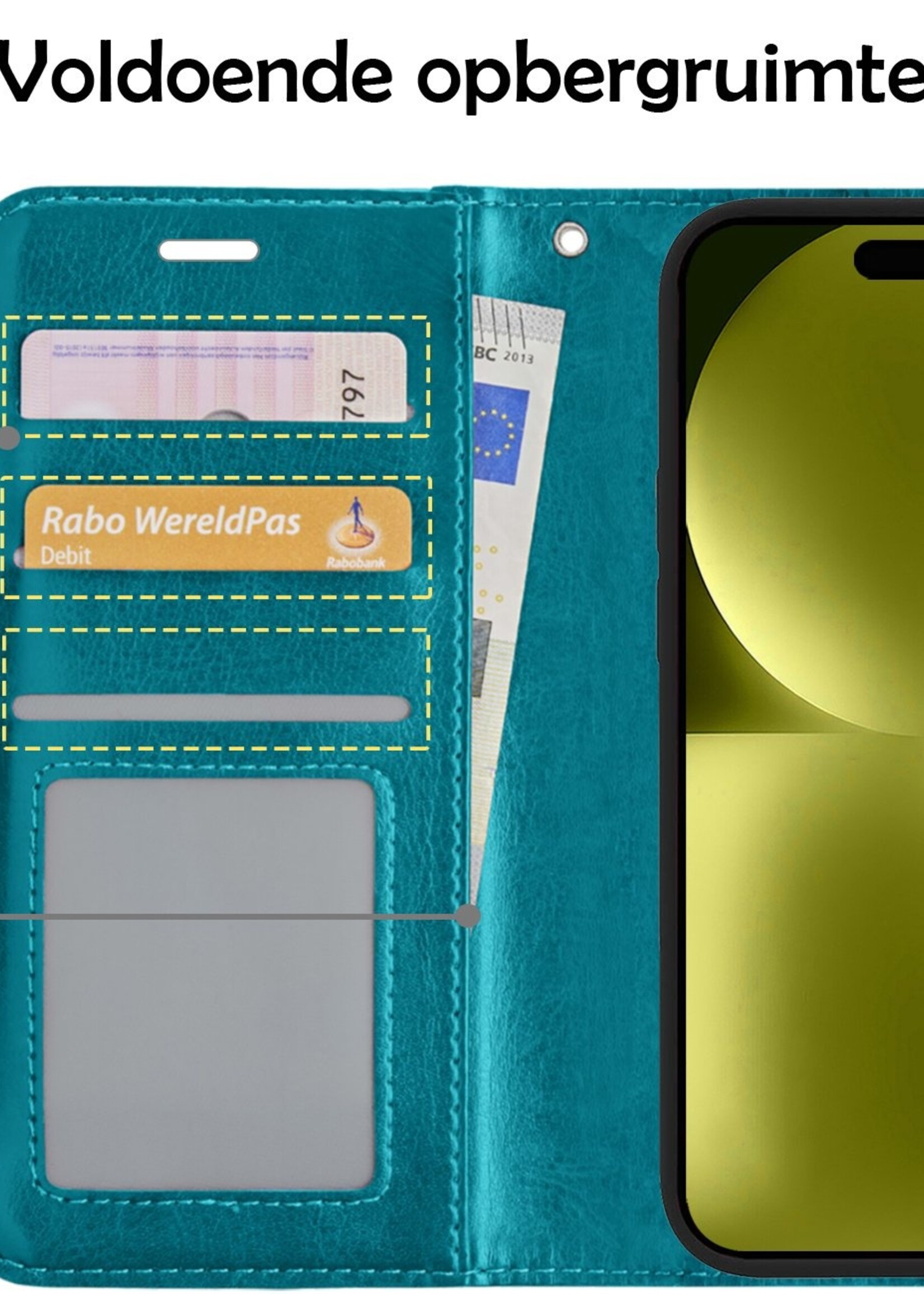 LUQ Hoesje Geschikt voor iPhone 15 Hoesje Book Case Hoes Wallet Cover Met 2x Screenprotector - Hoes Geschikt voor iPhone 15 Hoesje Bookcase Hoes - Turquoise