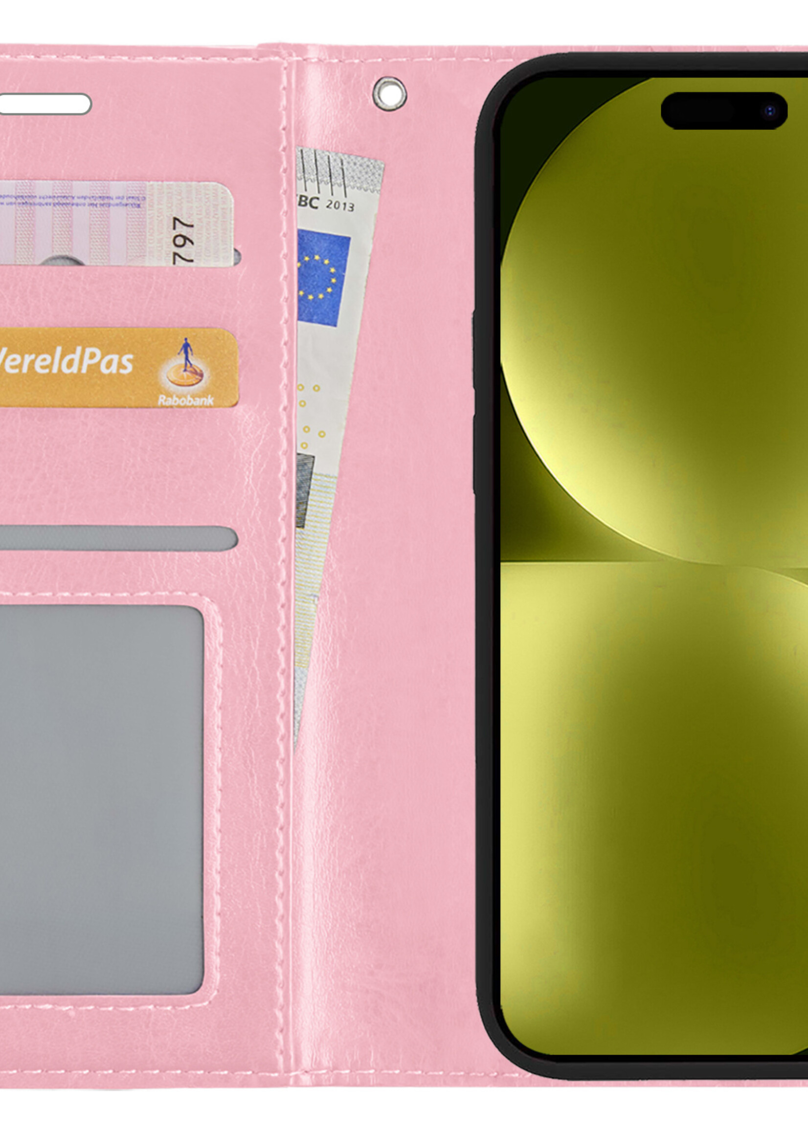 LUQ Hoesje Geschikt voor iPhone 15 Plus Hoesje Book Case Hoes Wallet Cover Met Screenprotector - Hoes Geschikt voor iPhone 15 Plus Hoesje Bookcase Hoes - Lichtroze