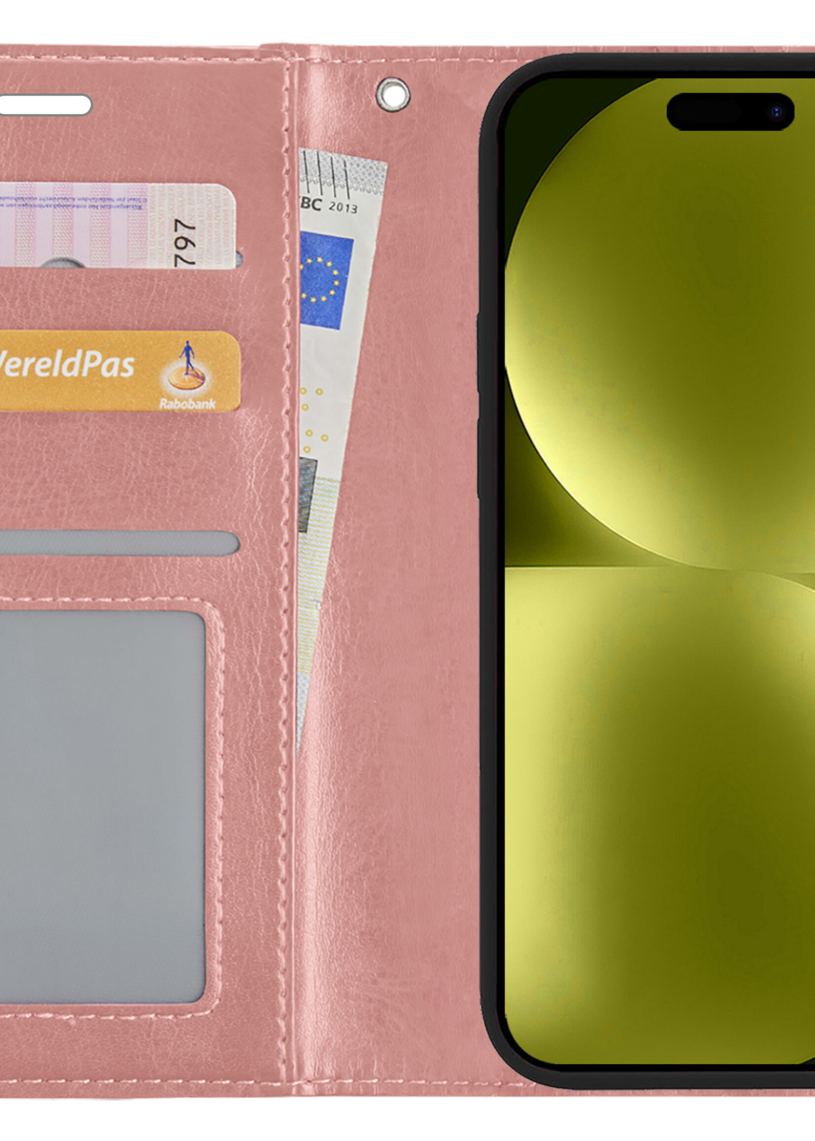 LUQ Hoesje Geschikt voor iPhone 15 Plus Hoesje Book Case Hoes Wallet Cover Met Screenprotector - Hoes Geschikt voor iPhone 15 Plus Hoesje Bookcase Hoes - Rosé goud