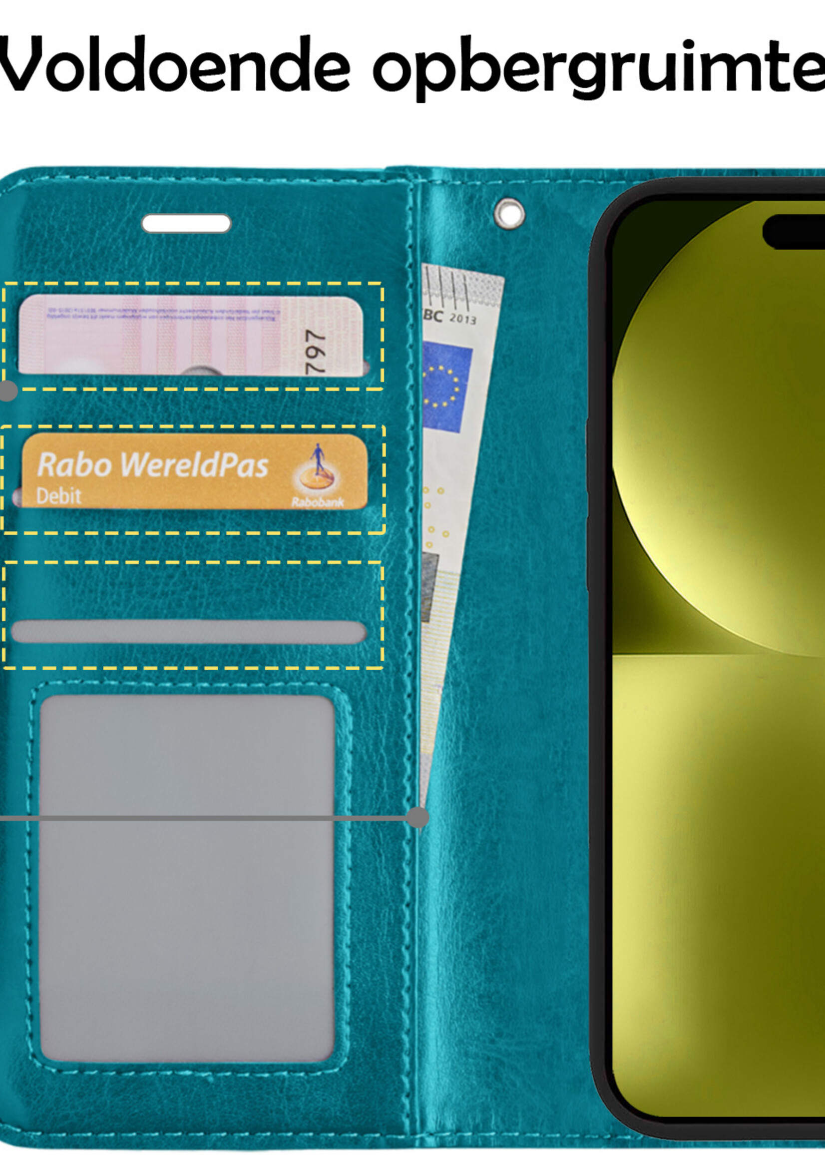 LUQ Hoesje Geschikt voor iPhone 15 Plus Hoesje Book Case Hoes Wallet Cover Met Screenprotector - Hoes Geschikt voor iPhone 15 Plus Hoesje Bookcase Hoes - Turquoise
