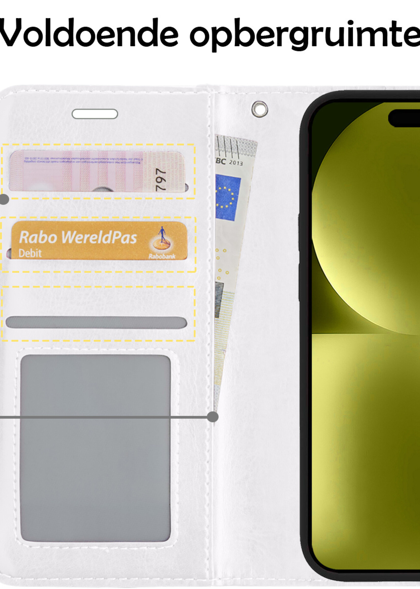 LUQ Hoesje Geschikt voor iPhone 15 Plus Hoesje Book Case Hoes Wallet Cover Met Screenprotector - Hoes Geschikt voor iPhone 15 Plus Hoesje Bookcase Hoes - Wit