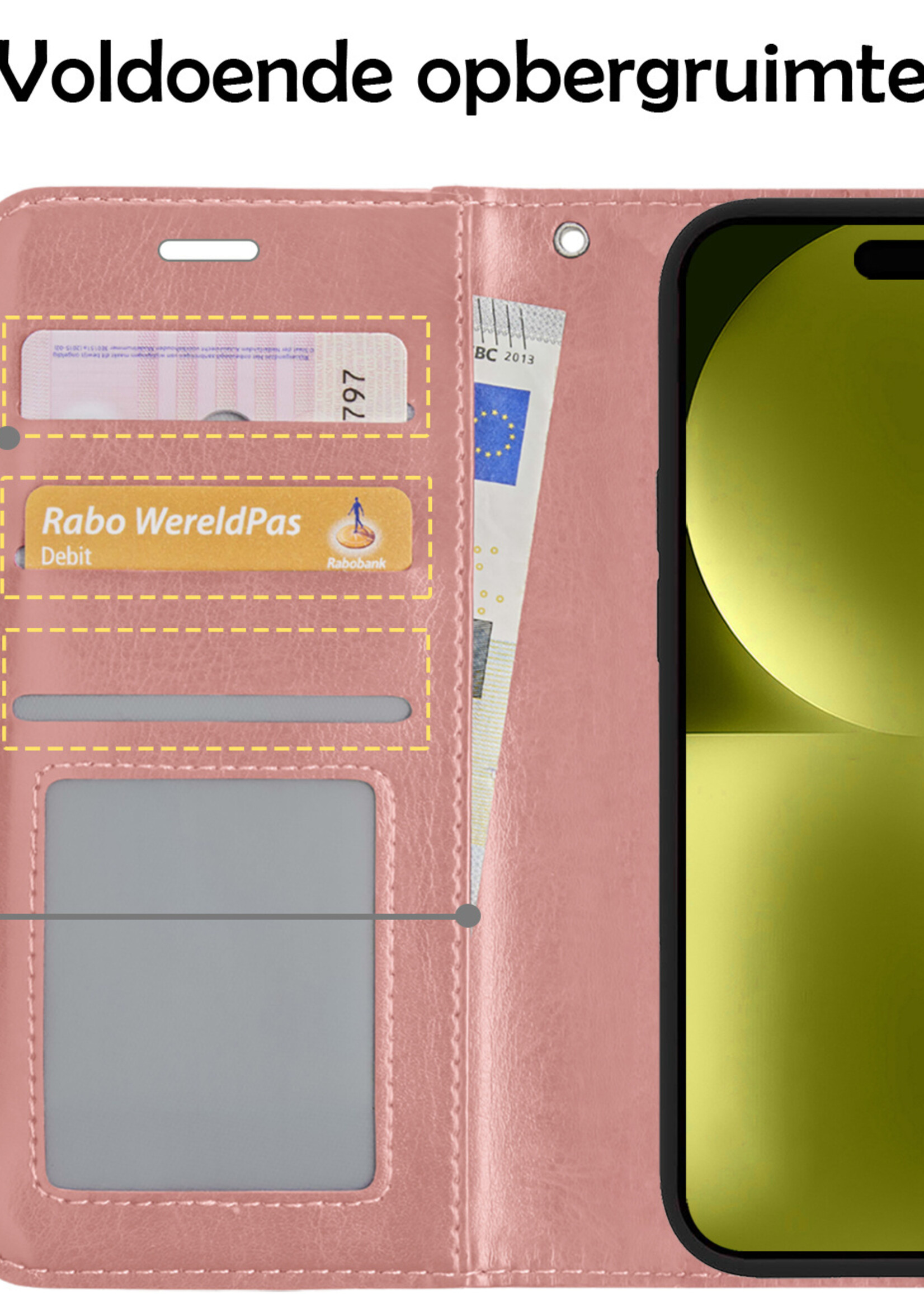 LUQ Hoesje Geschikt voor iPhone 15 Plus Hoesje Book Case Hoes Wallet Cover Met 2x Screenprotector - Hoes Geschikt voor iPhone 15 Plus Hoesje Bookcase Hoes - Rosé goud