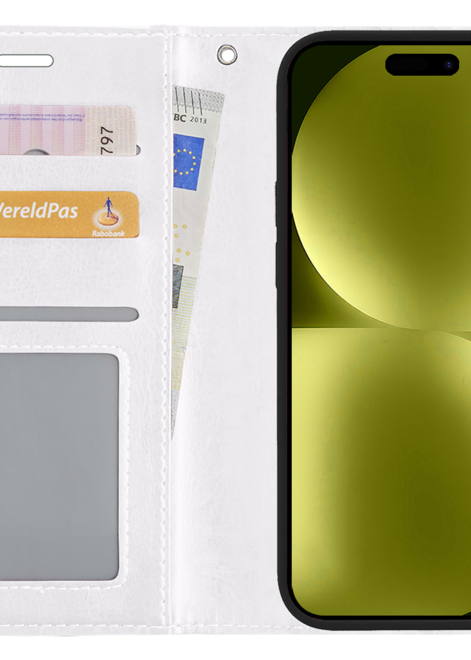 LUQ Hoesje Geschikt voor iPhone 15 Plus Hoesje Book Case Hoes Wallet Cover Met 2x Screenprotector - Hoes Geschikt voor iPhone 15 Plus Hoesje Bookcase Hoes - Wit