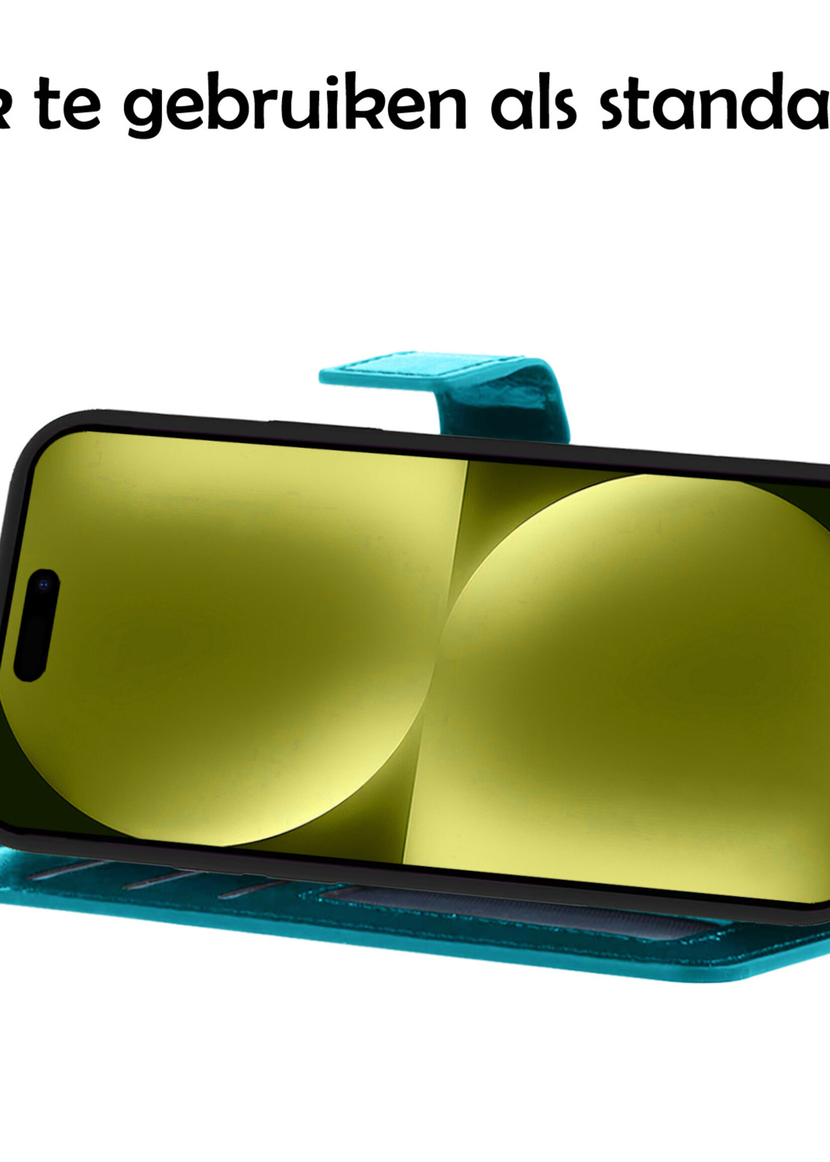 LUQ Hoesje Geschikt voor iPhone 15 Pro Hoesje Book Case Hoes Wallet Cover Met 2x Screenprotector - Hoes Geschikt voor iPhone 15 Pro Hoesje Bookcase Hoes - Turquoise