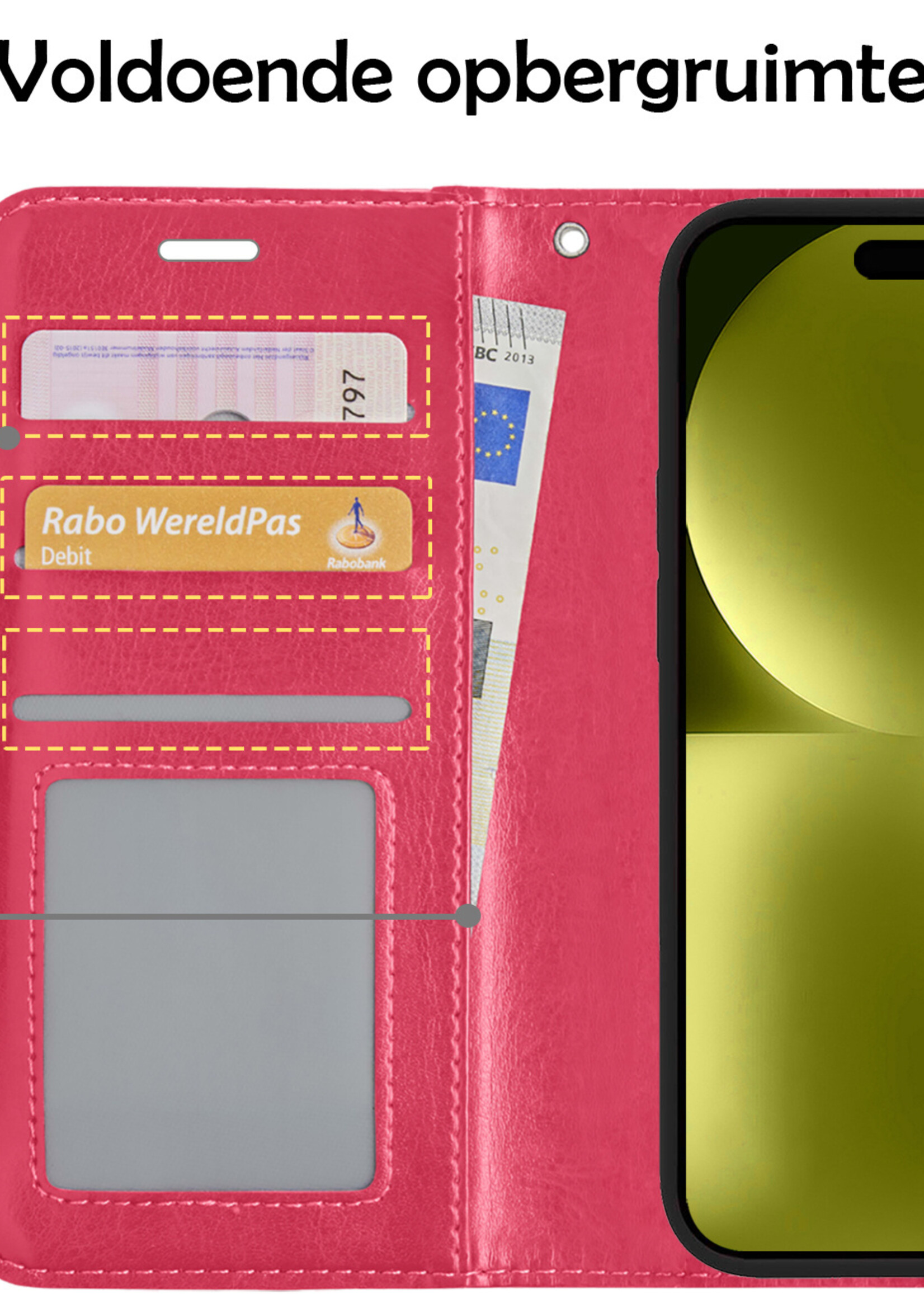 LUQ Hoesje Geschikt voor iPhone 15 Pro Max Hoesje Book Case Hoes Wallet Cover Met 2x Screenprotector - Hoes Geschikt voor iPhone 15 Pro Max Hoesje Bookcase Hoes - Donkerroze