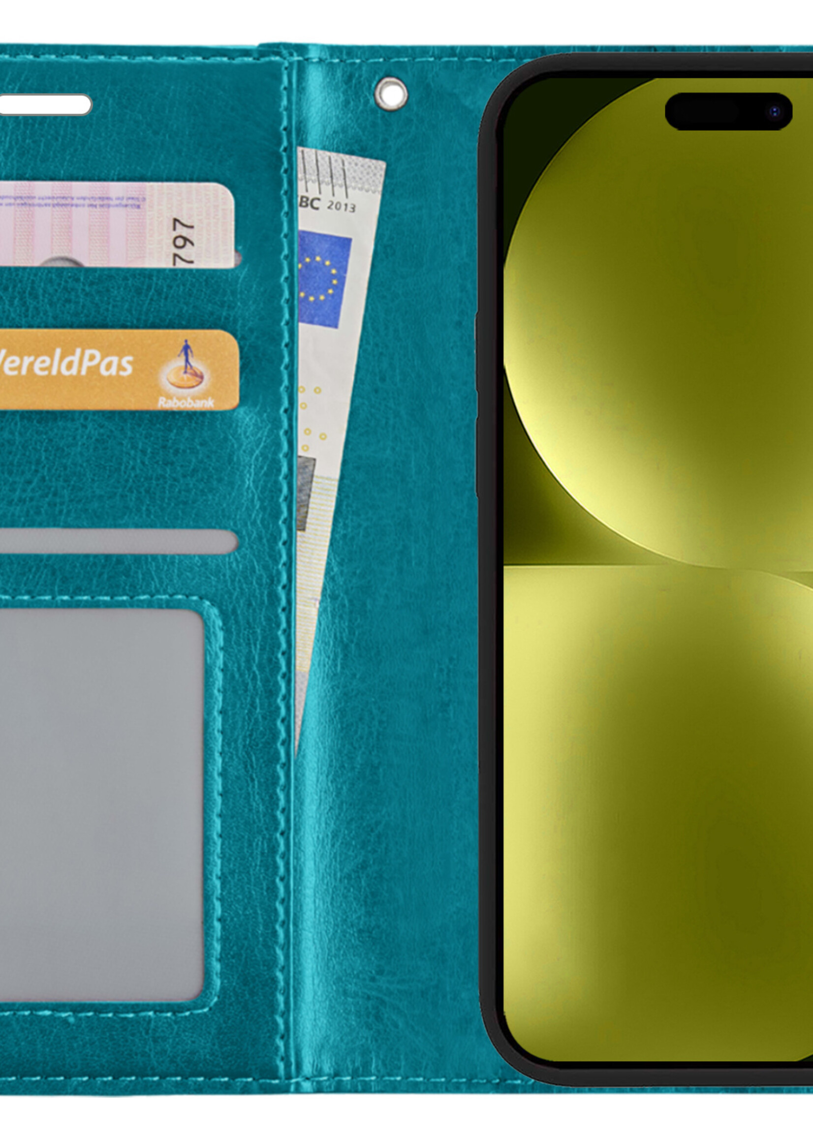 LUQ Hoesje Geschikt voor iPhone 15 Pro Max Hoesje Book Case Hoes Wallet Cover Met 2x Screenprotector - Hoes Geschikt voor iPhone 15 Pro Max Hoesje Bookcase Hoes - Turquoise