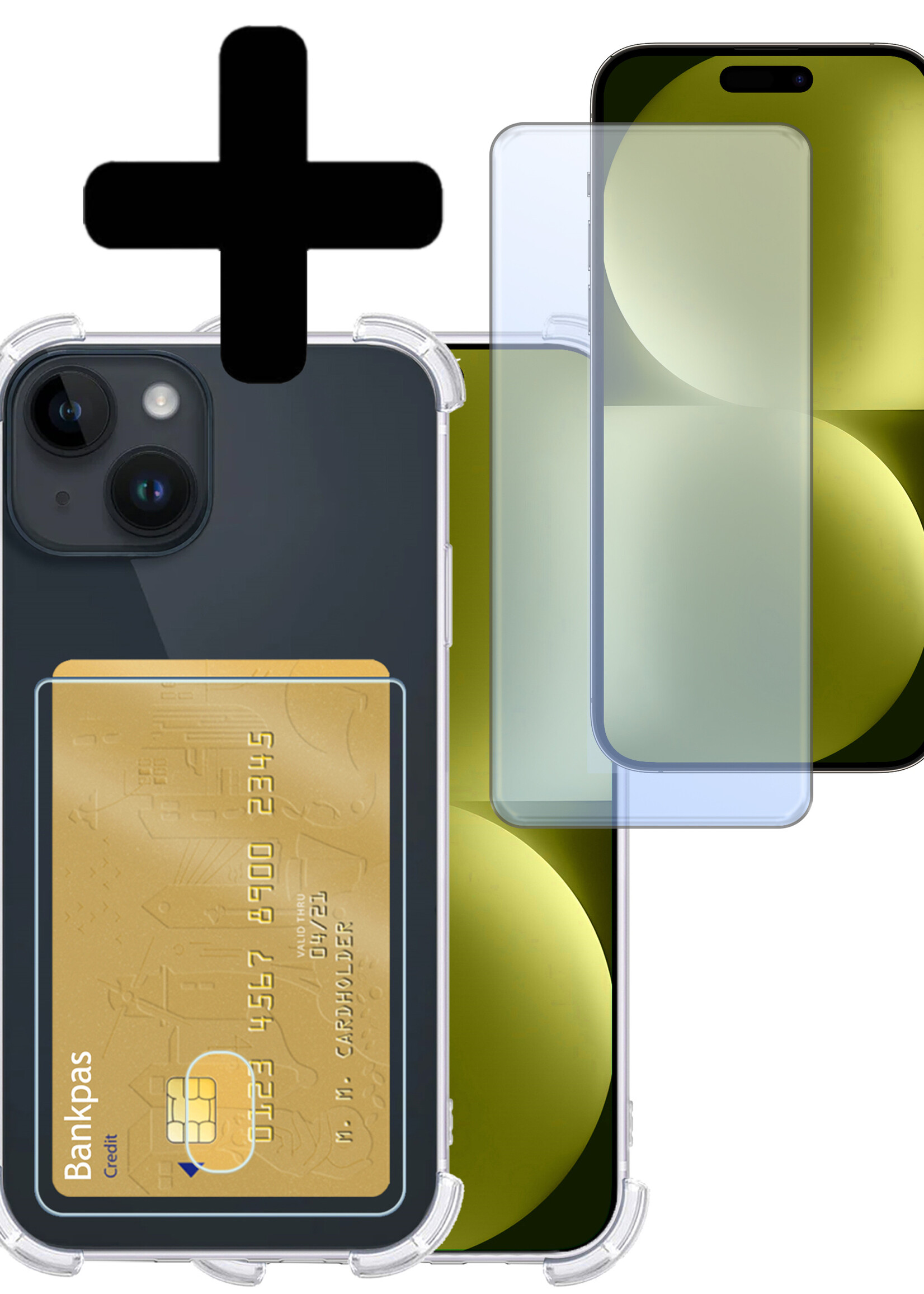 LUQ Hoesje Geschikt voor iPhone 15 Hoesje Case Pashouder Cover Siliconen Met Screenprotector - Hoes Geschikt voor iPhone 15 Hoesje Met Kaarthouder- Transparant