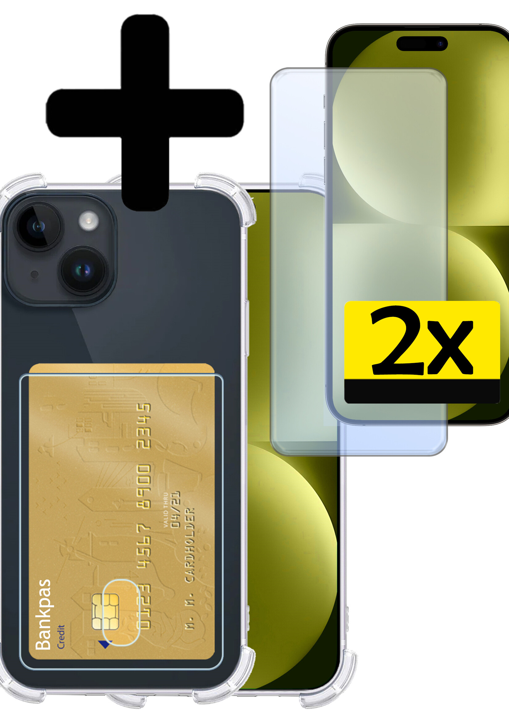 LUQ Hoesje Geschikt voor iPhone 15 Hoesje Case Pashouder Cover Siliconen Met 2x Screenprotector - Hoes Geschikt voor iPhone 15 Hoesje Met Kaarthouder- Transparant