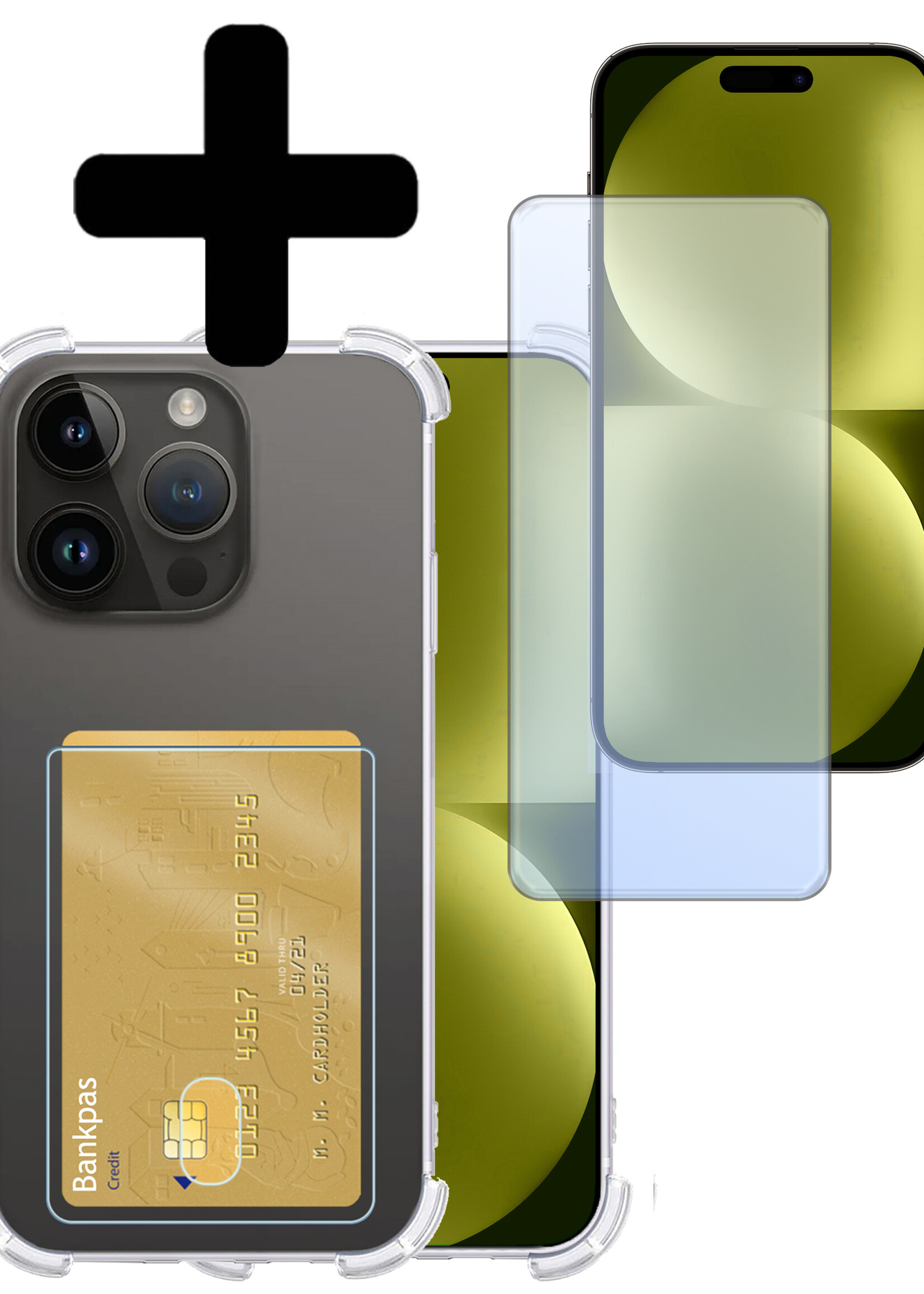 LUQ Hoesje Geschikt voor iPhone 15 Pro Max Hoesje Case Pashouder Cover Siliconen Met Screenprotector - Hoes Geschikt voor iPhone 15 Pro Max Hoesje Met Kaarthouder- Transparant