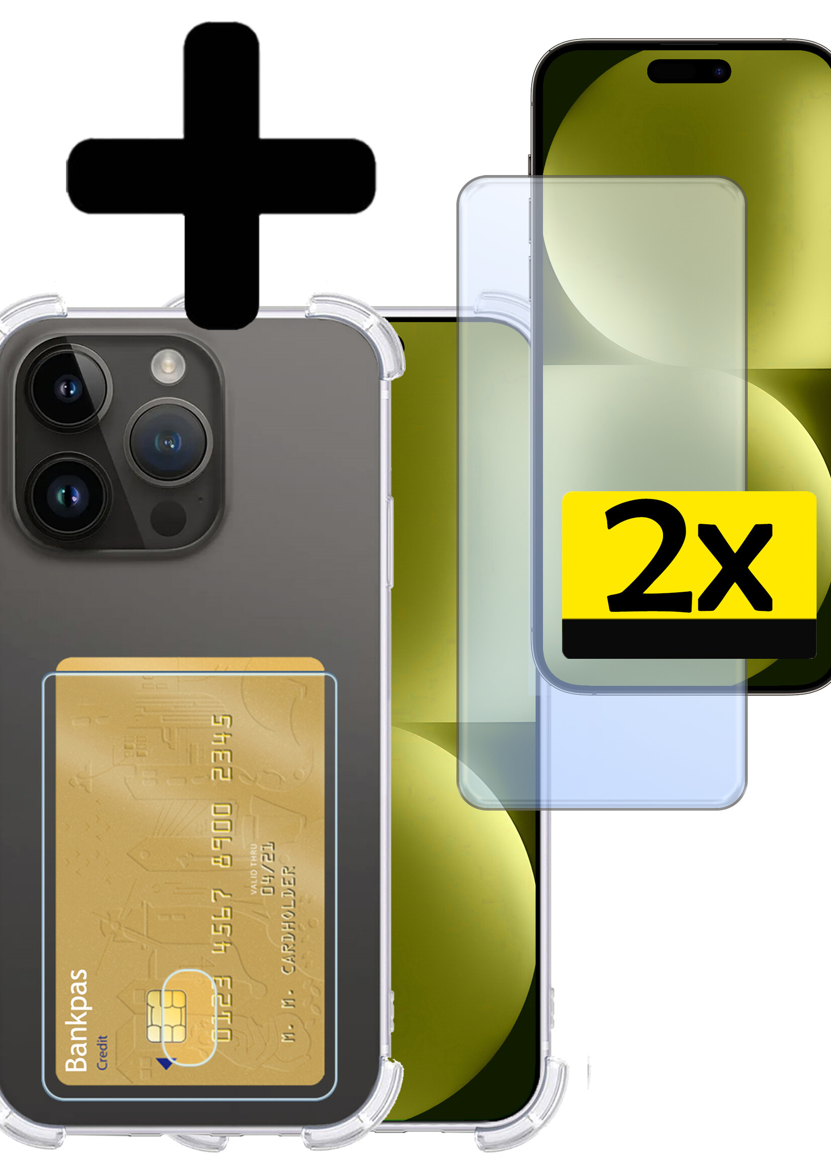 LUQ Hoesje Geschikt voor iPhone 15 Pro Max Hoesje Case Pashouder Cover Siliconen Met 2x Screenprotector - Hoes Geschikt voor iPhone 15 Pro Max Hoesje Met Kaarthouder- Transparant