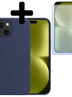 LUQ LUQ iPhone 15 Hoesje Siliconen Met Screenprotector Met Dichte Notch - Donkerblauw