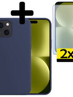 LUQ LUQ iPhone 15 Hoesje Siliconen Met 2x Screenprotector Met Dichte Notch - Donkerblauw