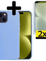 LUQ LUQ iPhone 15 Hoesje Siliconen Met 2x Screenprotector Met Dichte Notch - Lichtblauw