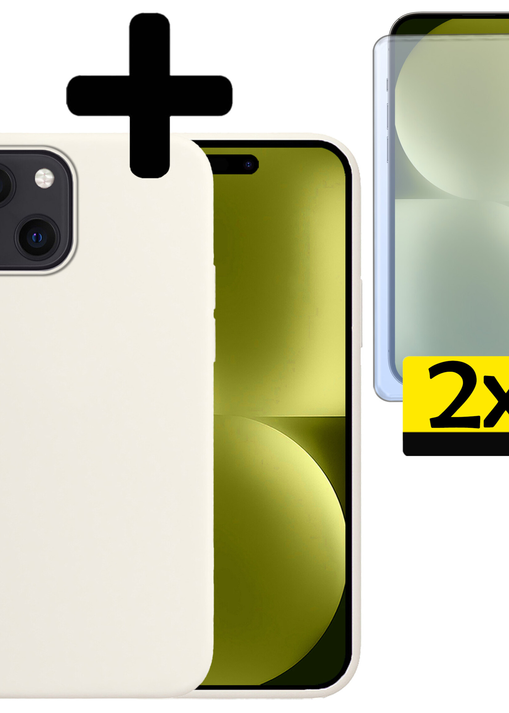 LUQ Hoesje Geschikt voor iPhone 15 Hoesje Siliconen Case Met 2x Screenprotector - Hoes Geschikt voor iPhone 15 Hoes Siliconen - Wit