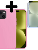 LUQ LUQ iPhone 15 Plus Hoesje Siliconen Met Screenprotector Met Dichte Notch - Lichtroze