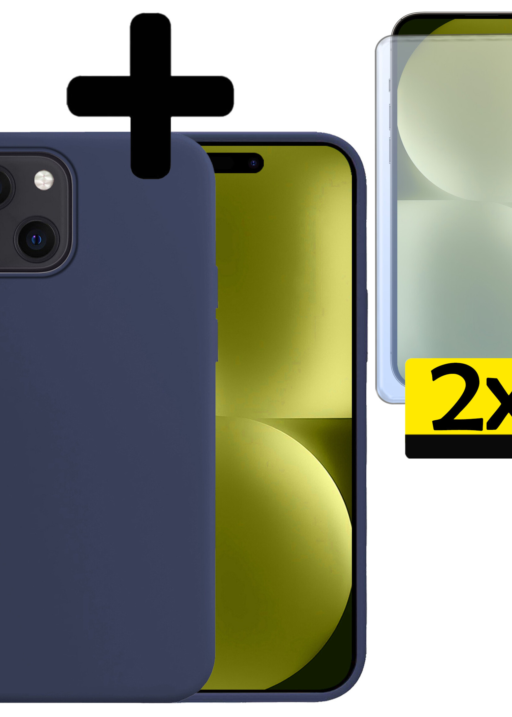 LUQ Hoesje Geschikt voor iPhone 15 Plus Hoesje Siliconen Case Met 2x Screenprotector - Hoes Geschikt voor iPhone 15 Plus Hoes Siliconen - Donkerblauw