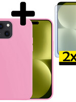 LUQ LUQ iPhone 15 Plus Hoesje Siliconen Met 2x Screenprotector Met Dichte Notch - Lichtroze
