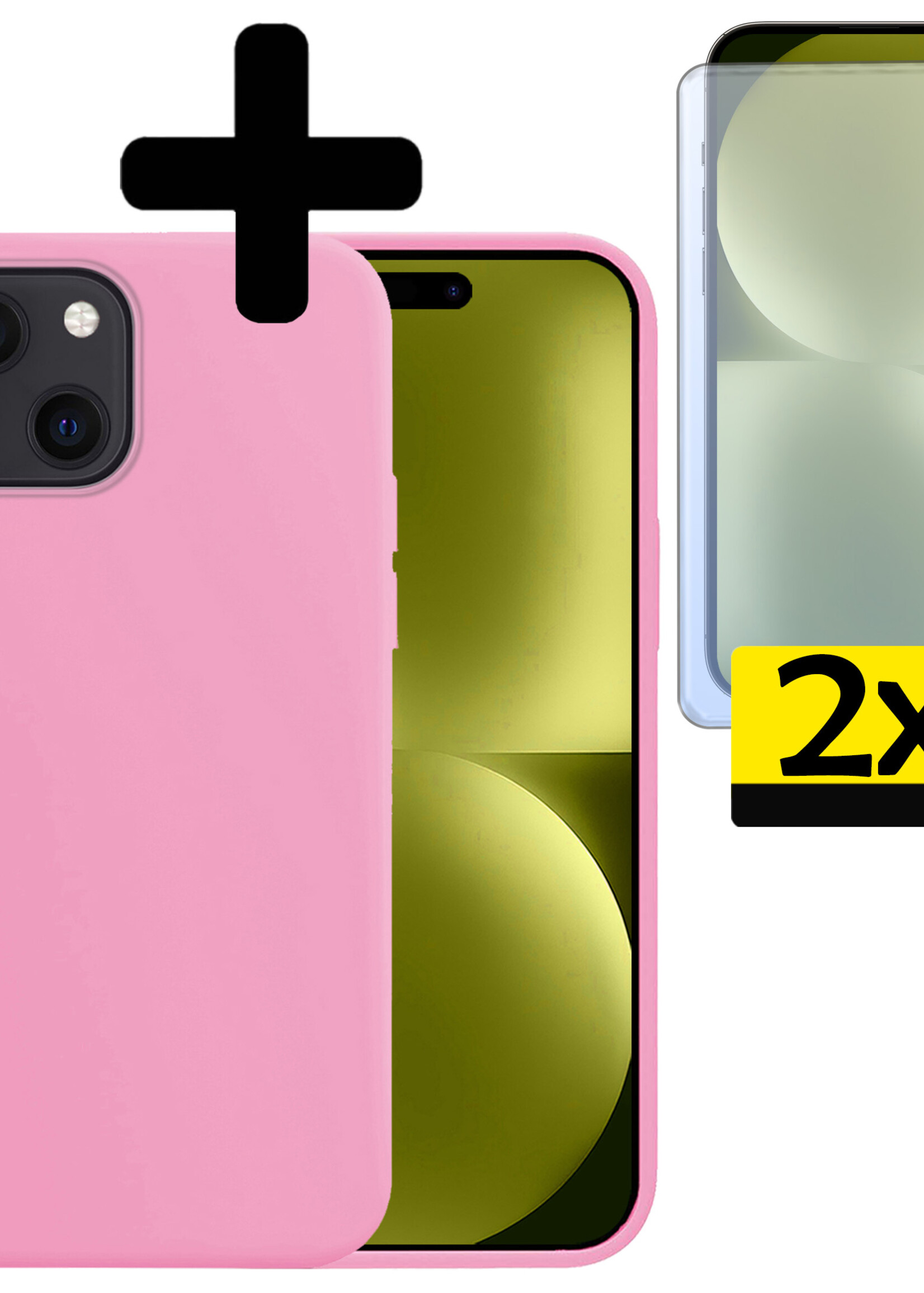 LUQ Hoesje Geschikt voor iPhone 15 Plus Hoesje Siliconen Case Met 2x Screenprotector - Hoes Geschikt voor iPhone 15 Plus Hoes Siliconen - Lichtroze