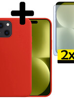 LUQ LUQ iPhone 15 Plus Hoesje Siliconen Met 2x Screenprotector Met Dichte Notch - Rood