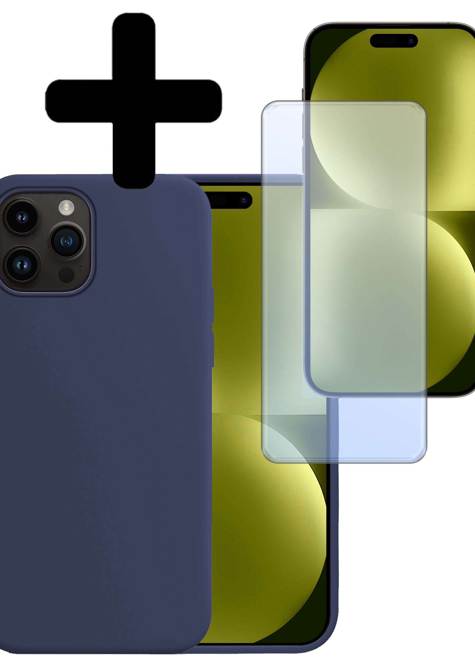 LUQ Hoesje Geschikt voor iPhone 15 Pro Hoesje Siliconen Case Met Screenprotector - Hoes Geschikt voor iPhone 15 Pro Hoes Siliconen - Donkerblauw