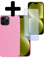 LUQ LUQ iPhone 15 Pro Hoesje Siliconen Met Screenprotector Met Dichte Notch - Lichtroze