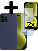 LUQ LUQ iPhone 15 Pro Hoesje Siliconen Met 2x Screenprotector Met Dichte Notch - Donkerblauw