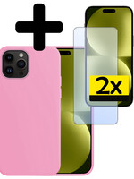 LUQ LUQ iPhone 15 Pro Hoesje Siliconen Met 2x Screenprotector Met Dichte Notch - Lichtroze