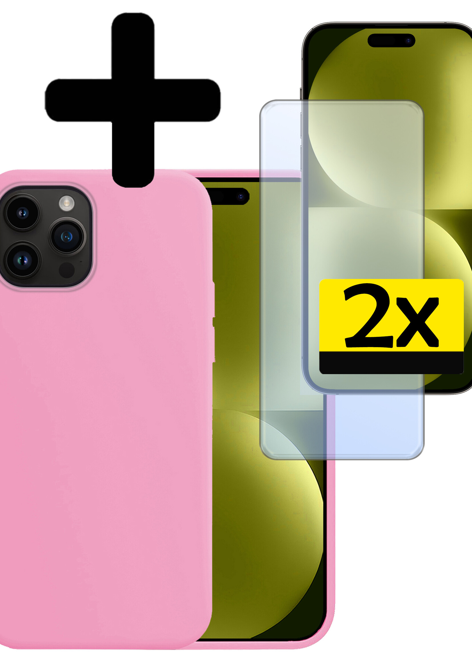 LUQ Hoesje Geschikt voor iPhone 15 Pro Hoesje Siliconen Case Met 2x Screenprotector - Hoes Geschikt voor iPhone 15 Pro Hoes Siliconen - Lichtroze