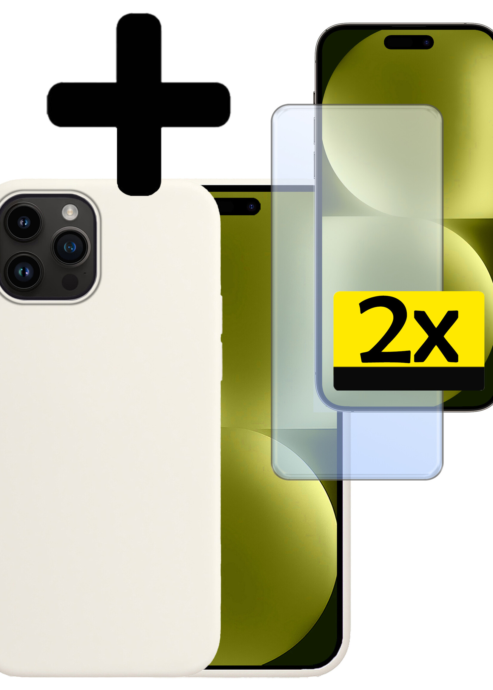 LUQ Hoesje Geschikt voor iPhone 15 Pro Hoesje Siliconen Case Met 2x Screenprotector - Hoes Geschikt voor iPhone 15 Pro Hoes Siliconen - Wit