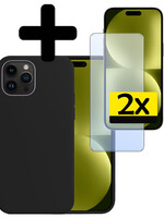 LUQ LUQ iPhone 15 Pro Hoesje Siliconen Met 2x Screenprotector Met Dichte Notch - Zwart