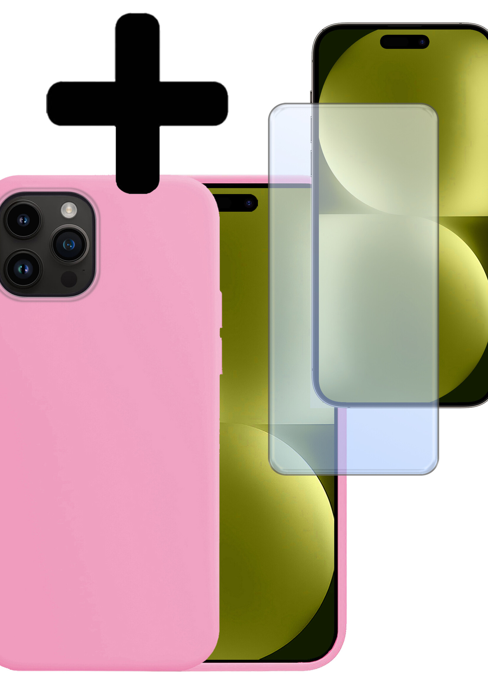 LUQ Hoesje Geschikt voor iPhone 15 Pro Max Hoesje Siliconen Case Met Screenprotector - Hoes Geschikt voor iPhone 15 Pro Max Hoes Siliconen - Lichtroze