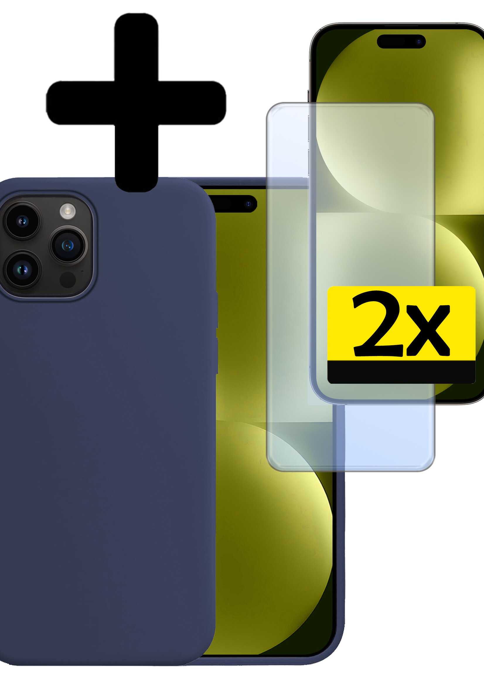 LUQ Hoesje Geschikt voor iPhone 15 Pro Max Hoesje Siliconen Case Met 2x Screenprotector - Hoes Geschikt voor iPhone 15 Pro Max Hoes Siliconen - Donkerblauw